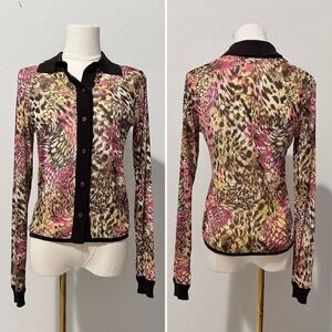 Exetera Abstract Print Mesh Shirt Cardigan Sz 1/US S Retro Y2K Twee Office-Siren